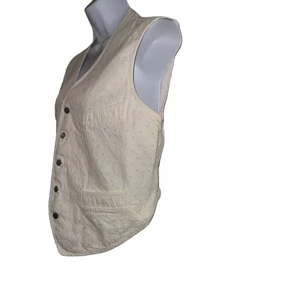 Vintage Guess Point Bottom Vest Juniors L Cream White Eyelet Tie in Back Retro - Picture 5 of 11